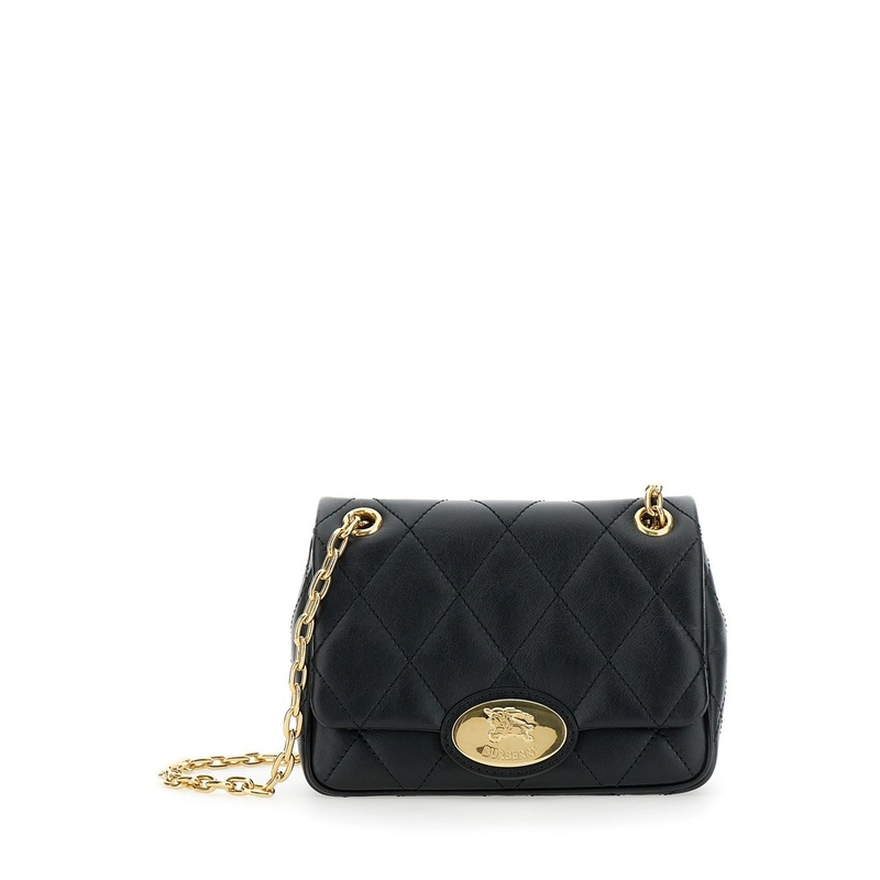 Black Quilted Crossbody Bag with EKD Plaque on the Front and Chain-Link Shoulder Strap in Leather Woman