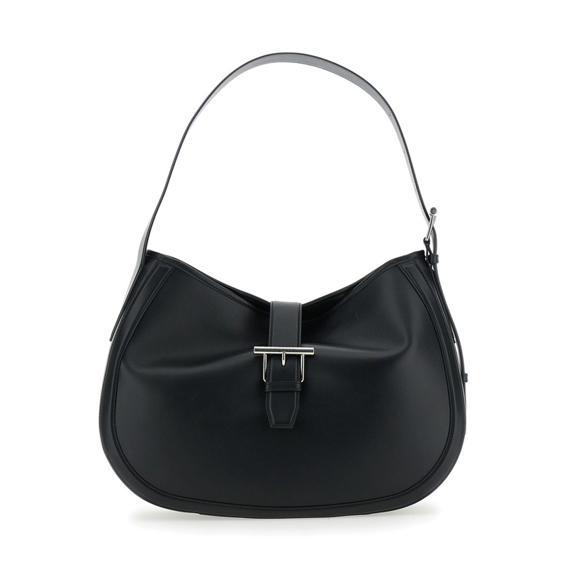Black Shoulder Bag with Adjustable Shoulder Strap and T Buckle Closure on the Front in Leather Woman