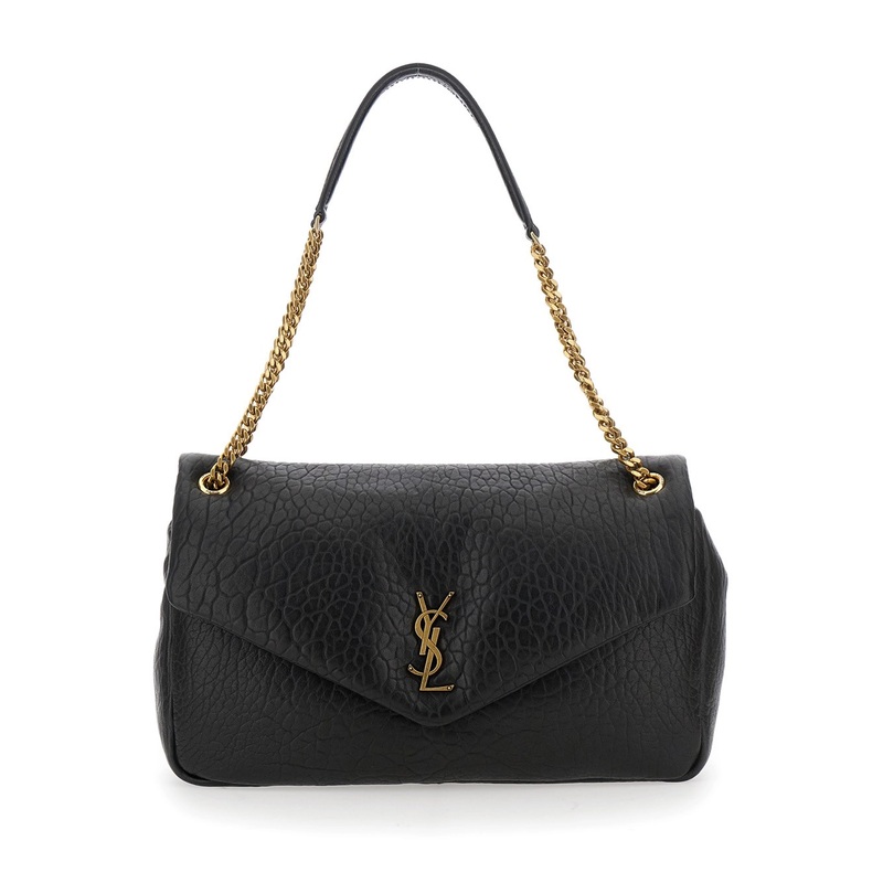Black Shoulder Bag With Metallic Cassandre On The Front in Hammered Leather Woman