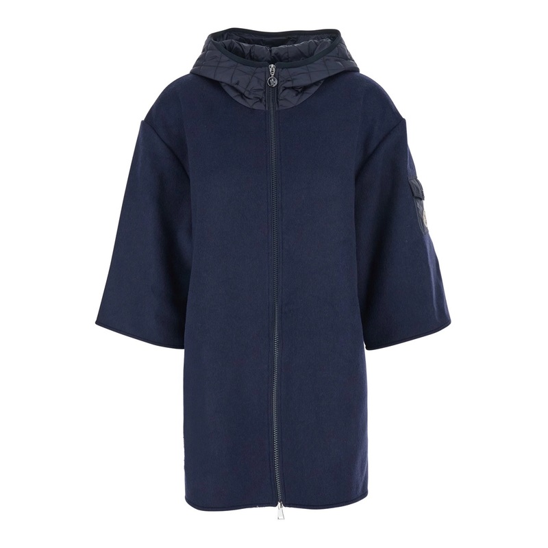 Blue Jacket with Hood and One Patch Pocket with Logo Patch on the Sleeve in Tech Fabric Woman