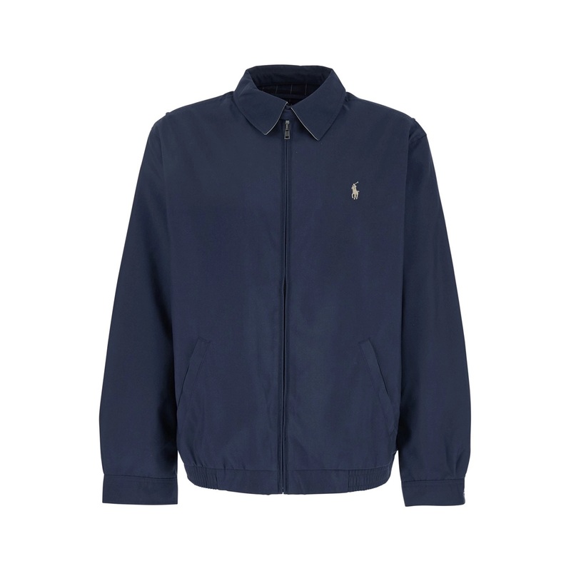 Blue Windbreaker Jacket with Classic Collar and Pony Detail on the Front in Cotton Man