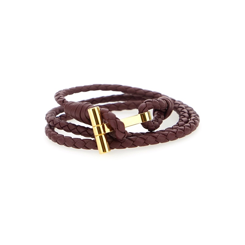 Bordeaux Bracelet with Intrecciato Motif in Leather and Brass Woman