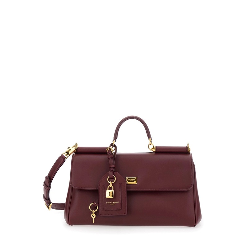 Bordeaux Handbag with Key and Padlock Detail and Adjustable and Removable Shoulder Strap in Leather Woman