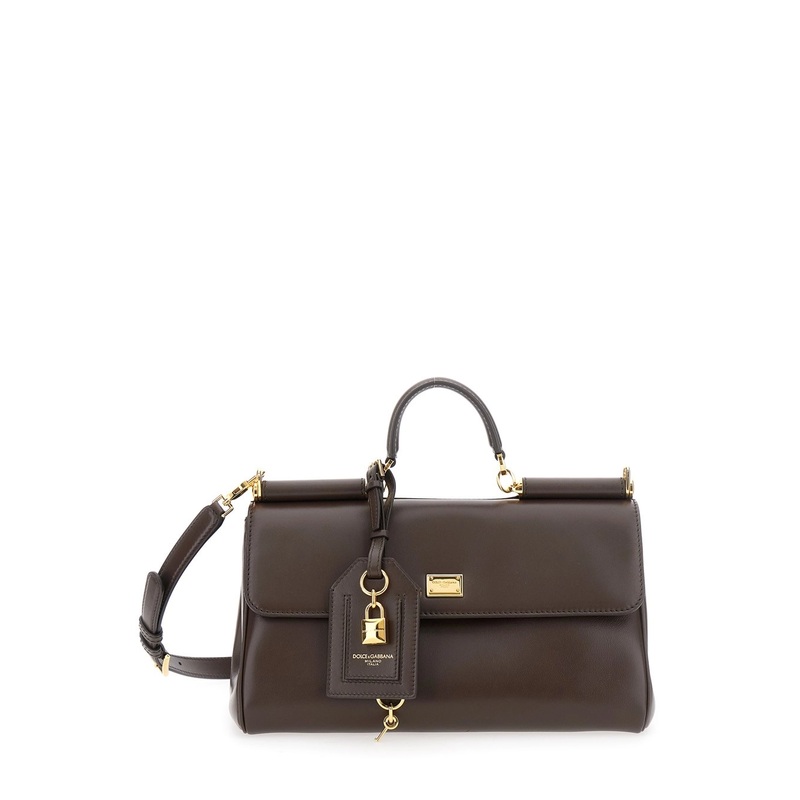 Brown Handbag with Key and Padlock Detail and Adjustable and Removable Shoulder Strap in Leather Woman