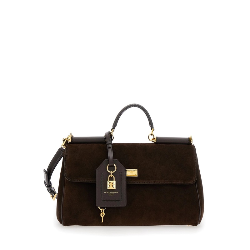 Brown Handbag with Key and Padlock Detail and Adjustable and Removable Shoulder Strap in Suede Woman