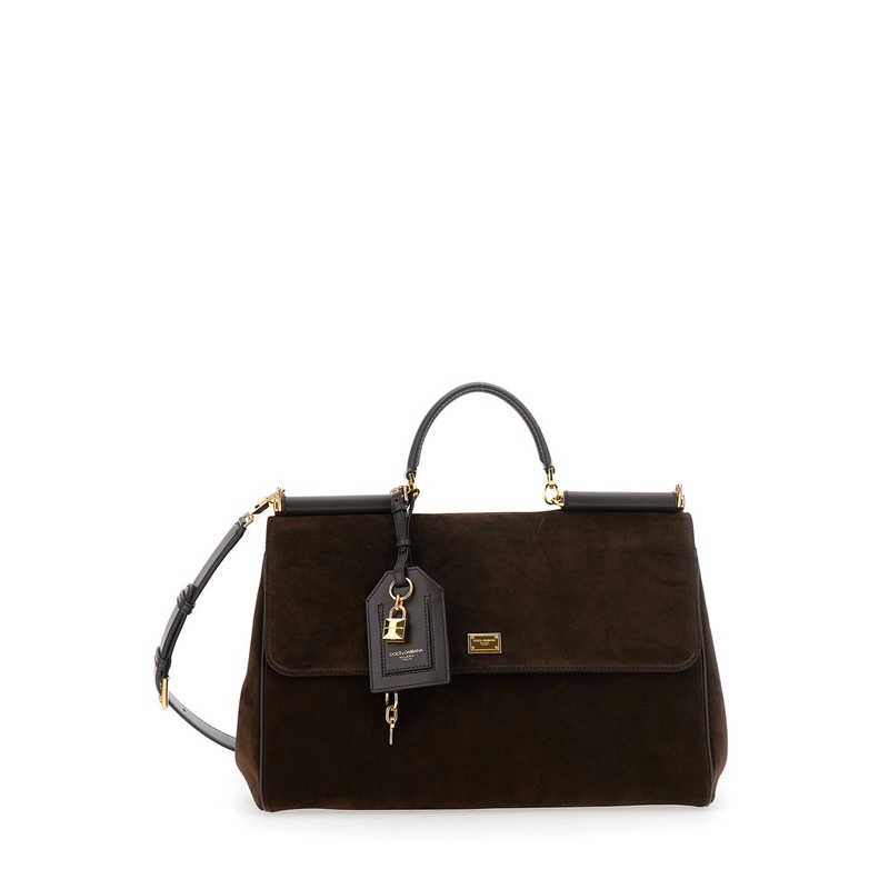 Brown Handbag with Removable Shoulder Strap and Padlock Charm on the Front in Suede Woman