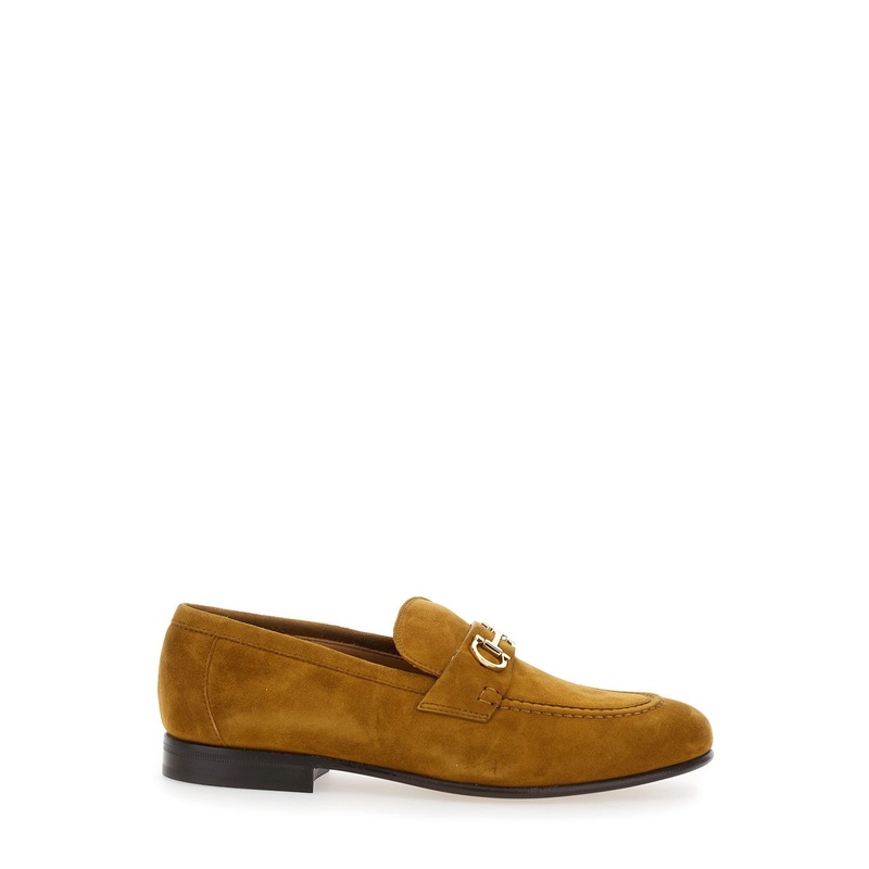 Brown Loafers with Almond Toe and Gancini Detail on the Front in Suede Woman