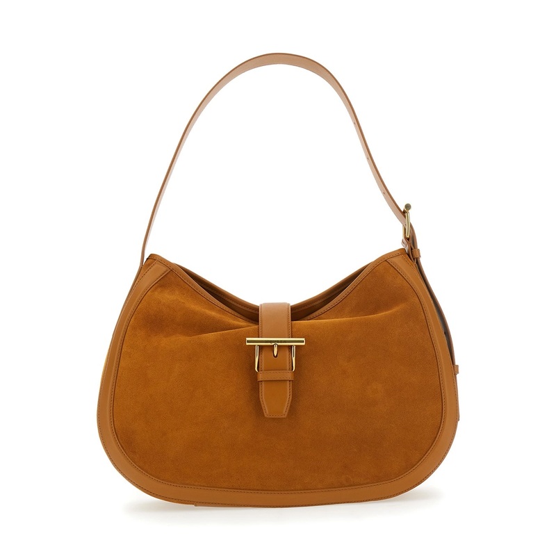 Brown Shoulder Bag with Adjustable Shoulder Strap and T Buckle Closure on the Front in Suede Woman