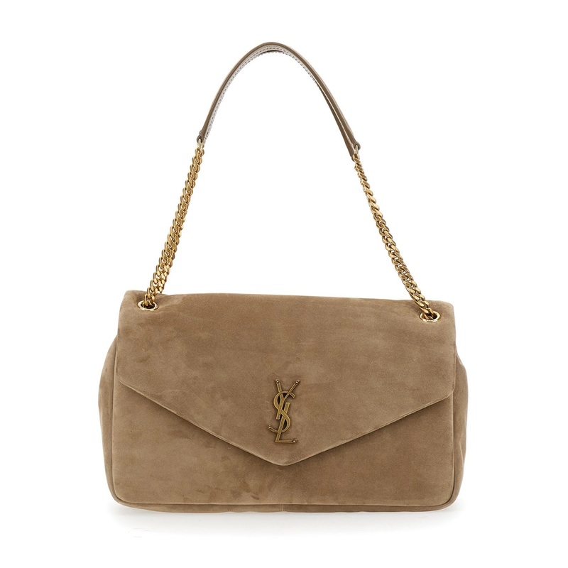 ‘Calypso’ Beige Shoulder Bag with Two Chain-Link Handles and Cassandre Plaque on the Front in Suede Woman