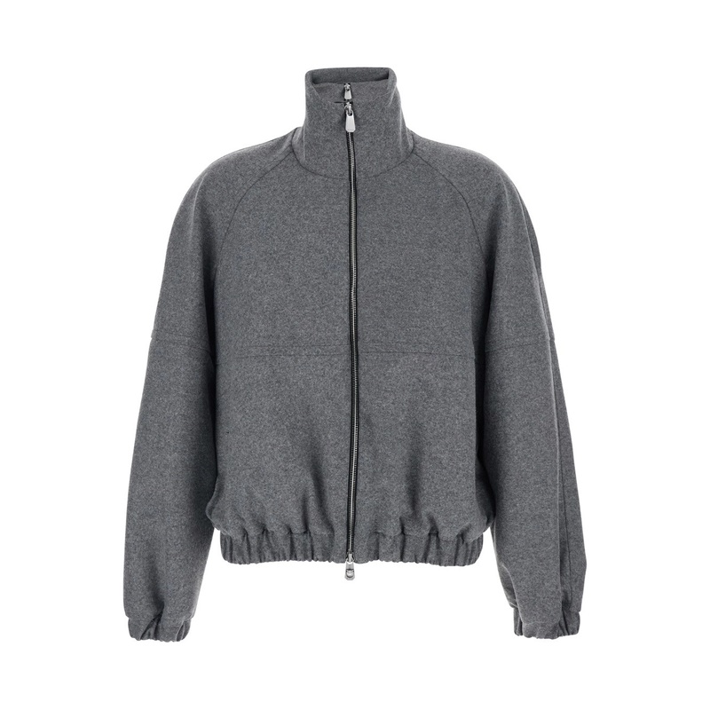 ‘Consuelo’ Grey Cropped Jacket with High Neck and Elastic Trims in Wool Blend Stretch Woman