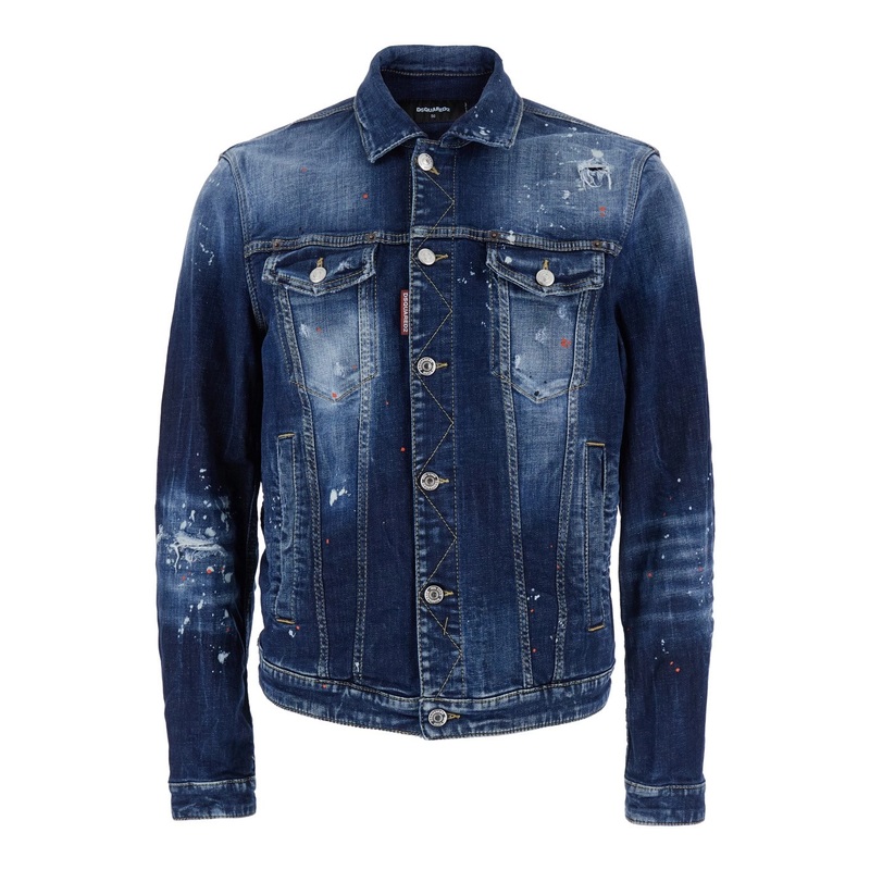 ‘Dan’ Blue Jacket with Classic Collar and All-Over Painted Details in Denim Man