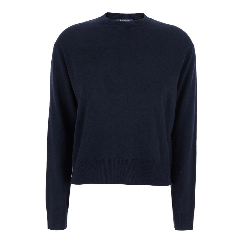 ‘Eco’ Blue Crewneck Sweater with Contrasting Logo Patch on the Elbows in Wool Woman