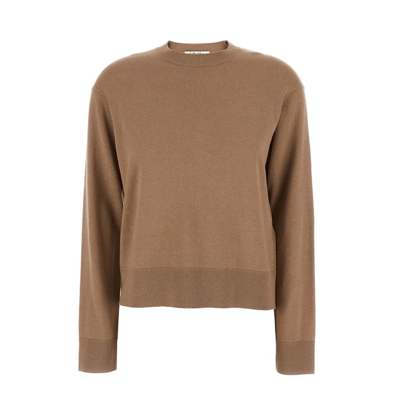 ‘Eco’ Brown Crewneck Sweater with Contrasting Logo Patch on the Elbows in Wool Woman