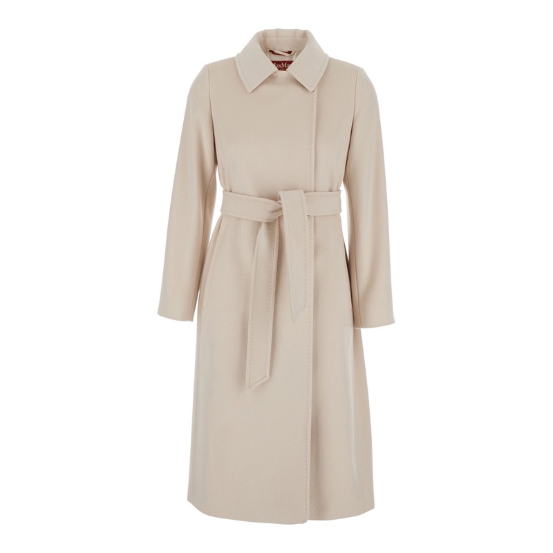 ‘Ecollag’ Beige Belted Coat with Collar with Buttons in Wool Woman