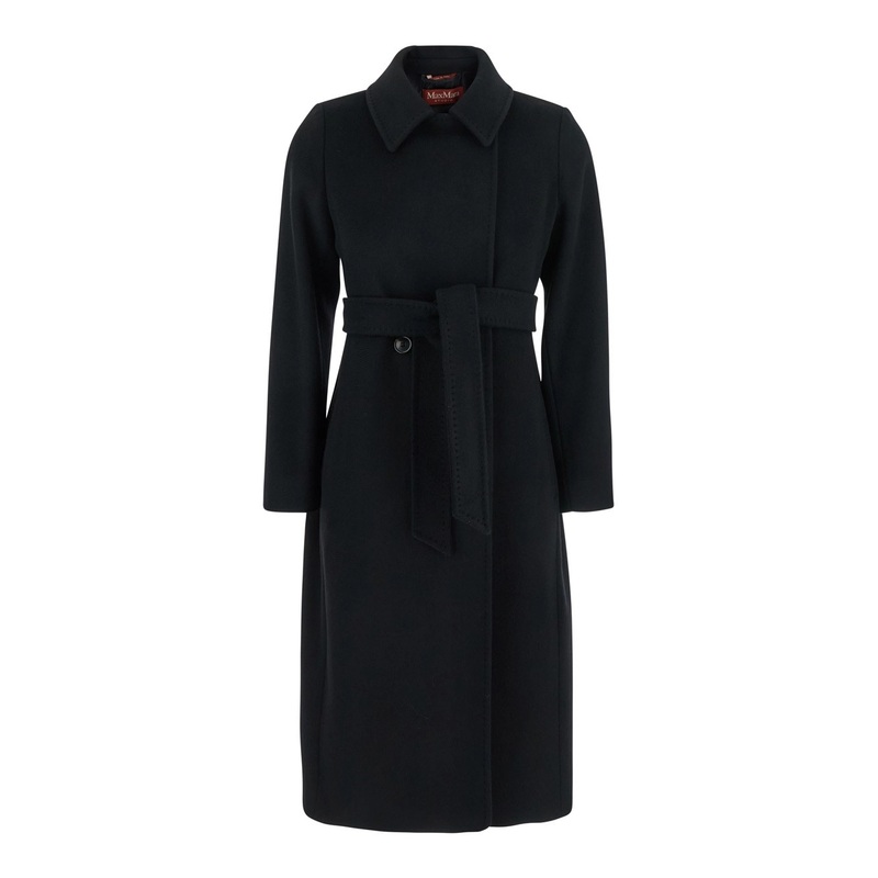 ‘Ecollag’ Black Belted Coat with Collar with Buttons in Wool Woman