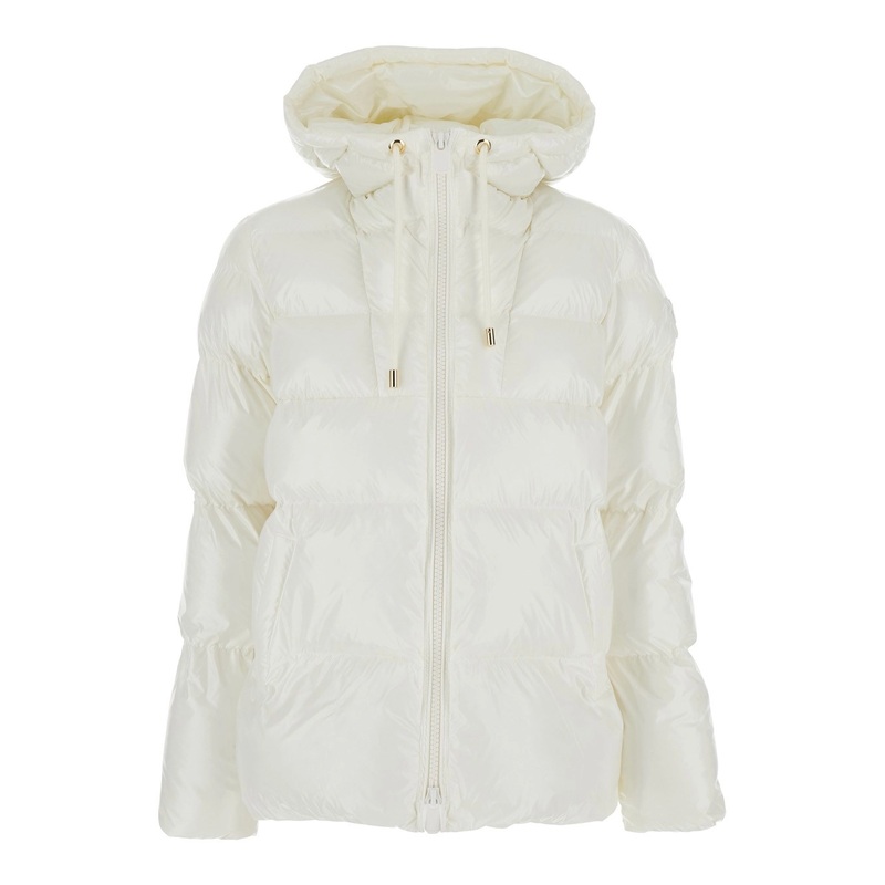 ‘Eleodoro’ White Down Jacket with Drawstring Hood and Love Birds Diamond Cut Patch on the Fornt in Tech Fabric Woman