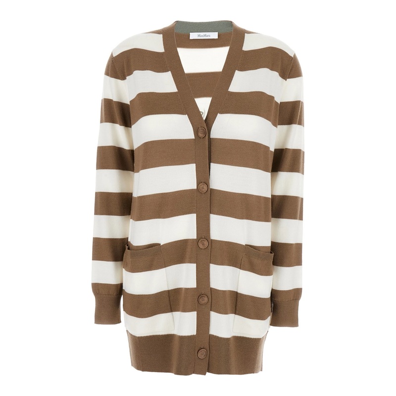 ‘Fiemme’Beige Cardigan with Rear Embroidery and All-Over Striped Motif in Wool Woman