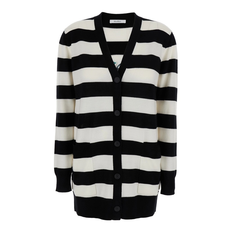 ‘Fiemme’ Black and White Cardigan with Rear Embroidery and All-Over Striped Motif in Wool Woman