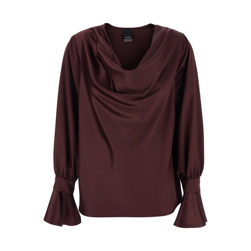 ‘Filipa’ Bordeaux Blouse with Draped Neckline and Flared Cuffs in Tech Fabric Woman