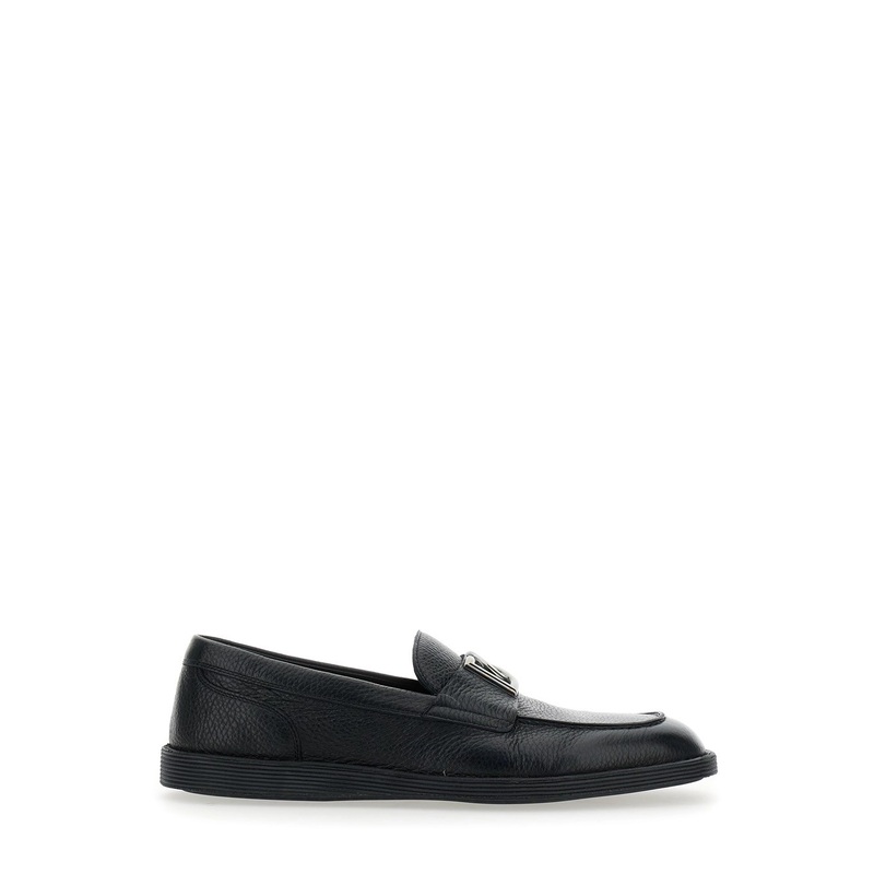 ‘Florio’ Black Loafers with DG Plaque on the Front in Grained Leather Man