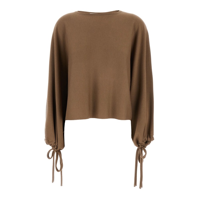 ‘Frais’ Brown Crewneck Sweater with Cuffs with Ties in Wool Woman