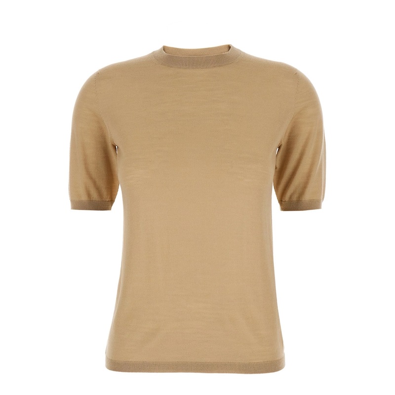‘Gerico’ Beige Crewneck Sweater with Short Sleeves in Wool Woman