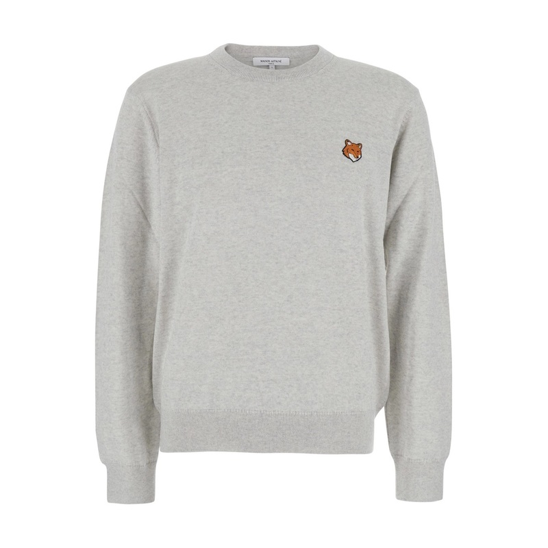 Grey Crew Neck Sweater with Fox Patch on the Front in Wool Man
