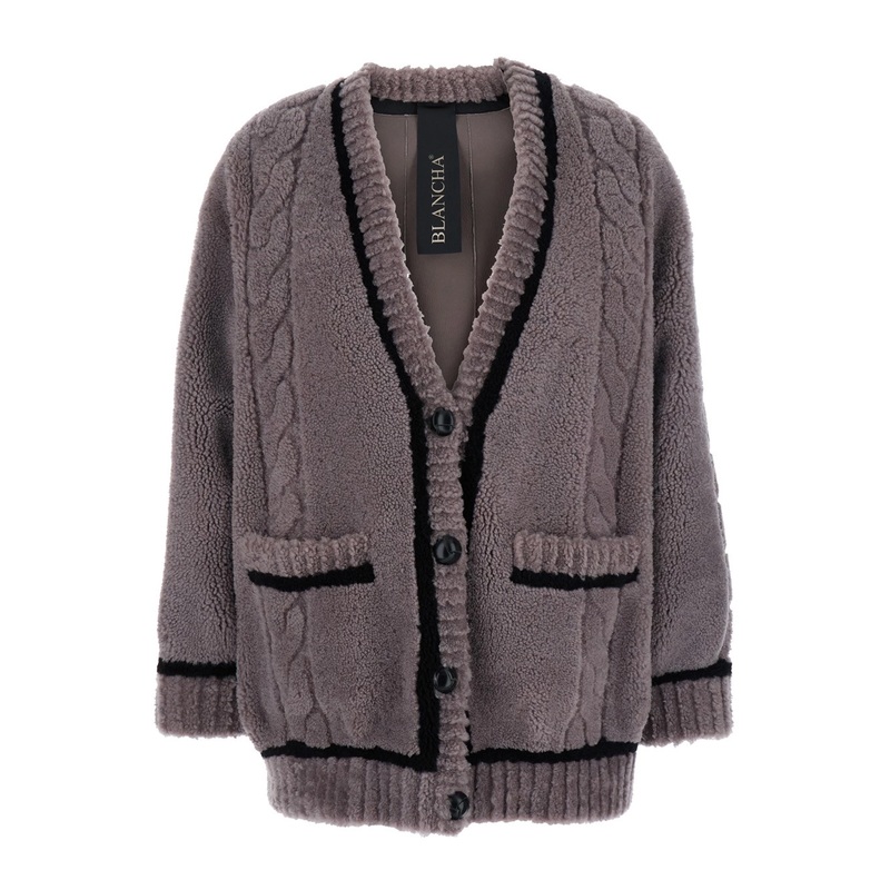 Grey V-Neck Cardigan with Front Pockets in Fur Woman