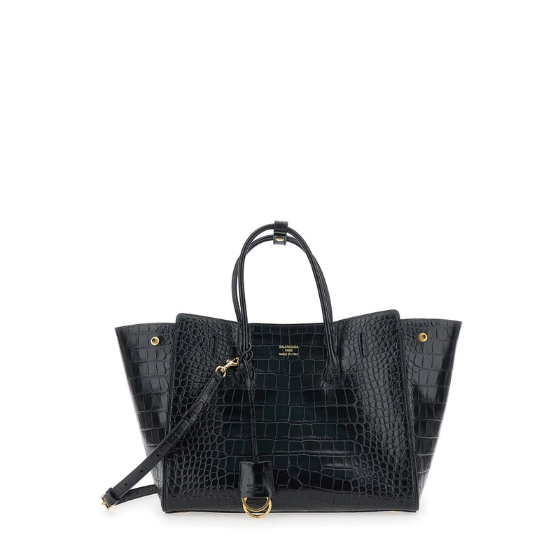 ‘Hampton Small’ Black Handbag with Embossed Logo on the Front and Removable Keyring in Leather Woman