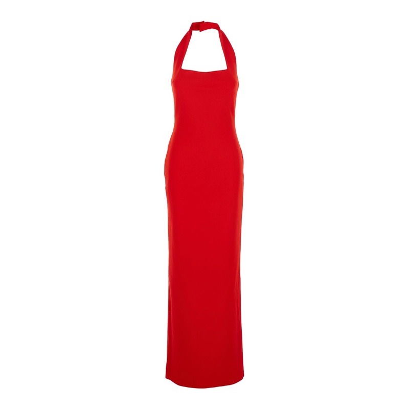 ‘Ilona’ Red Long Dress with Square Neckline in Twill Woman