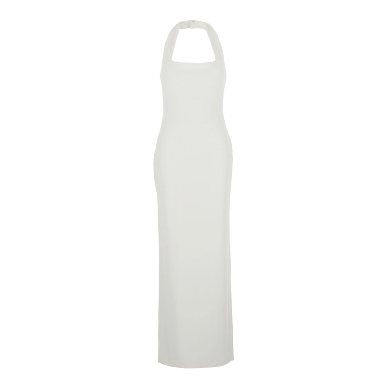 ‘Ilona’ White Long Dress with Square Neckline in Twill Woman