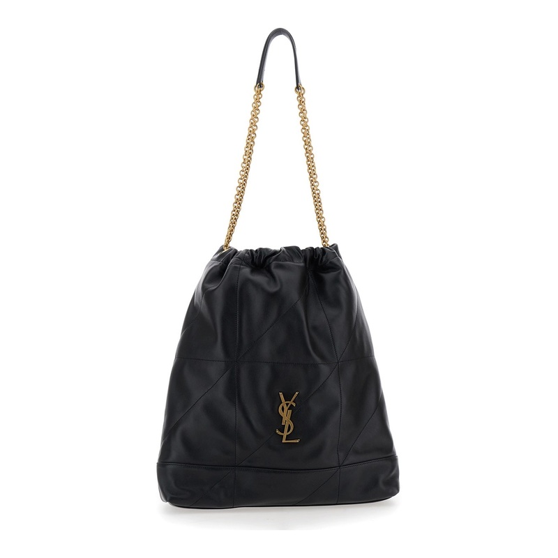 ‘Jamie’ Black Crossbody Bag with Two Top Chain-Link Handles and Cassandre Plaque on the Front in Leather Woman