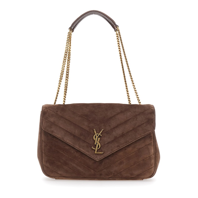 ‘Loulou’ Brown Crossbody Bag with Sliding Shoulder Strap and Cassandre Plaque on the Front in Suede Woman