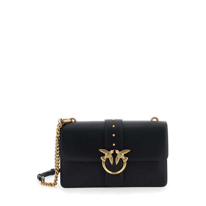 ‘Love One Classic’ Black Crossbody Bag with Studded Strap and Love Birds Diamond Cut Plaque on the Front in Leather Woman