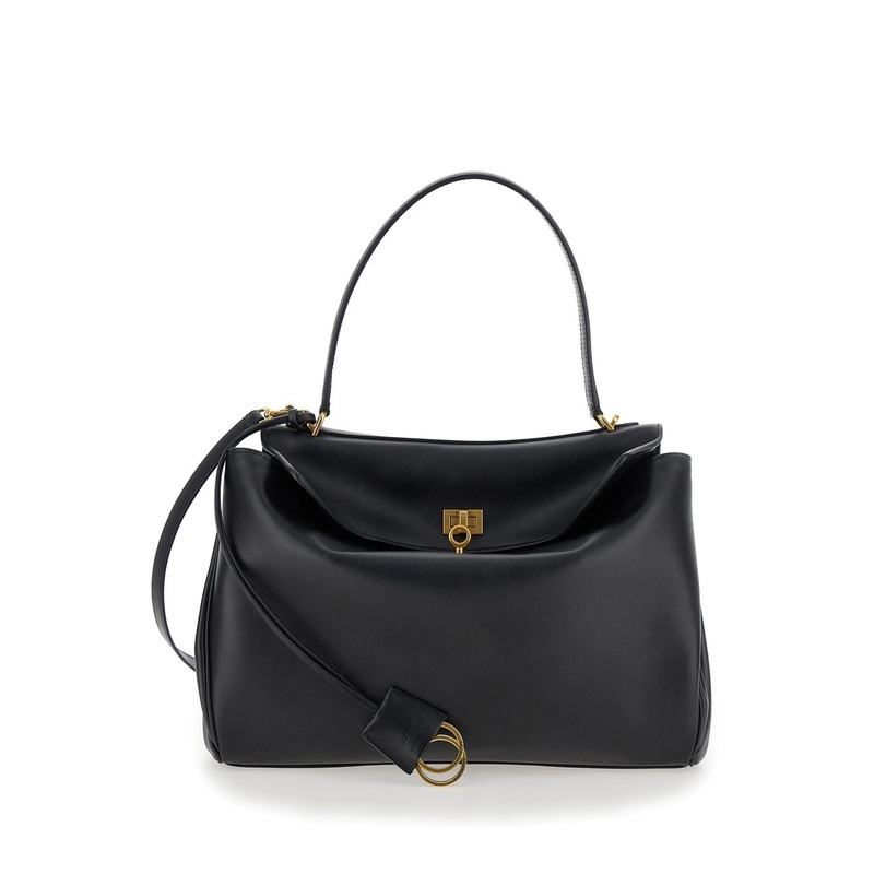 ‘Medium Rodeo’ Black Handbag with Detachable Key Holder in Smooth Leather Woman
