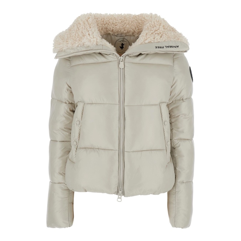 ‘Moma’ Beige Down Jacket with Fur Collar and Logo on the Sleeve in Tech Fabric Woman