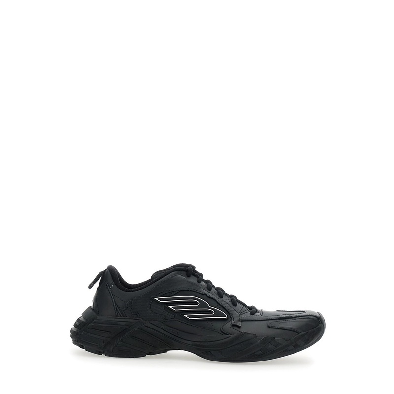 ‘Monday’ Black Low Top Sneakers with Logo Detail and Embossed Size on the Rear in Leather and Fabric Man