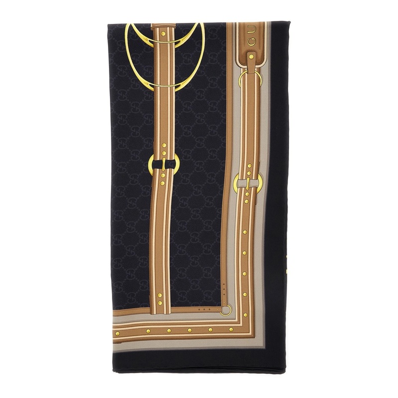 Multicolor Scarf with Bracket, Clamp and GG All-Over in Silk Woman