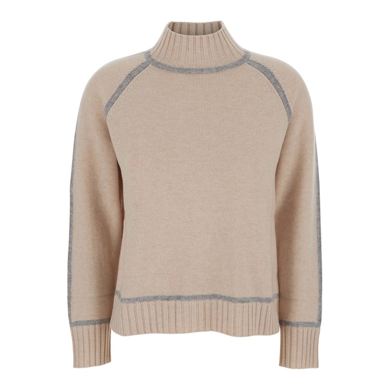 ‘Pescara’ Beige Sweater with High Neck and Contrasting Details in Wool and Cashmere Woman