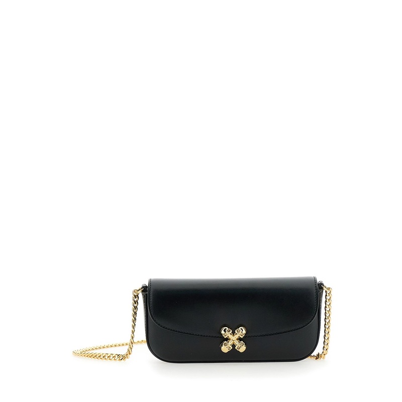 ‘Skull Flower’ Black Crossbody Bag with Chain-Link Shoulder Strap and Logo Plaque on the Front in Leather Woman