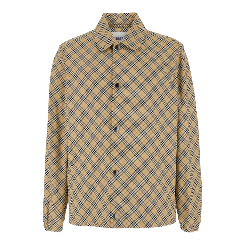 ‘Slindon’ Beige Jacket with Classic Collar and All-Over Check Motif in Tech Fabric Man