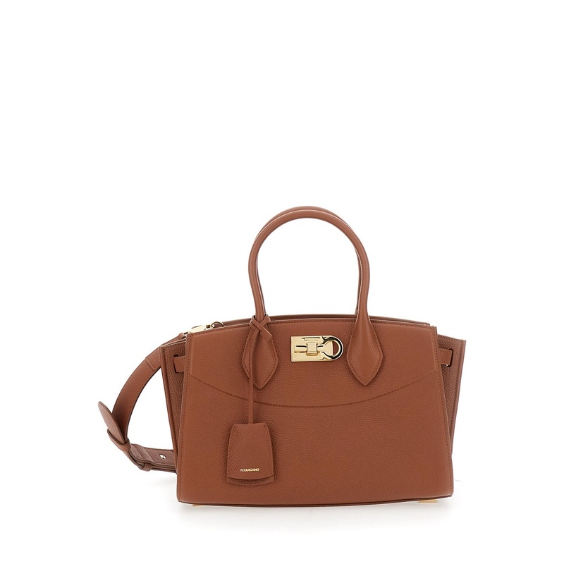 ‘Soft’ Brown Handbag with Adjustable and Removable Shoulder Strap and Removable Logo Tag on the Front in Leather Woman