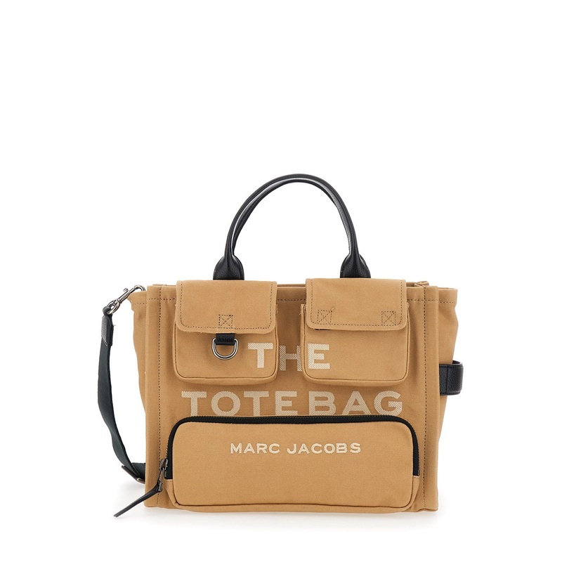 ‘The Medium Cargo Tote’ Beige Handbag with Two Cargo Pockets on the Front and Logo Lettering in Cotton Woman