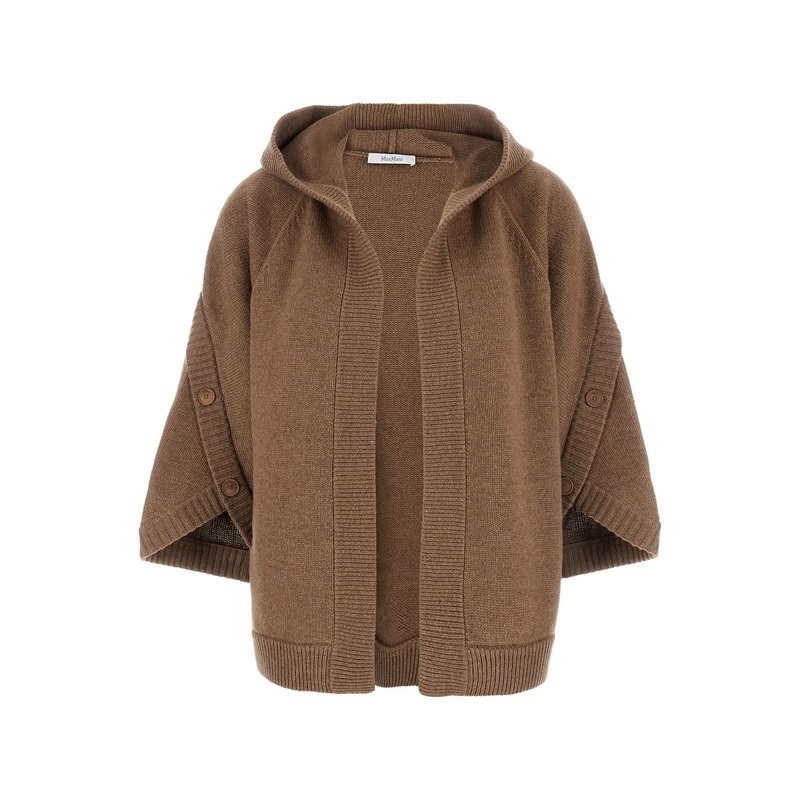 ‘Vals’ Brown Cardigan with Fixed Hood and Ribbed Trims in Wool and Cashmere Woman