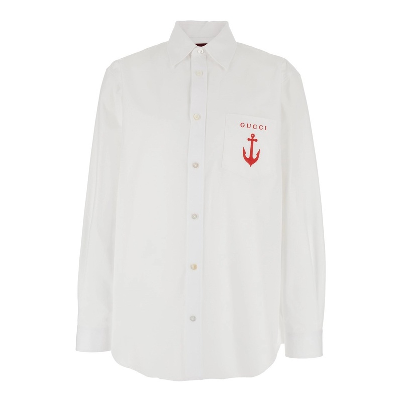 White Shirt with Classic Collar and Logo Detail on the Front in Cotton Man