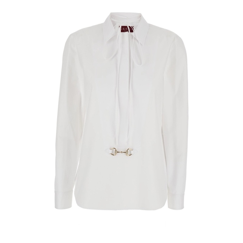 White Shirt with Pointed Collar with Tie Detail and Horsebit in Cotton Woman