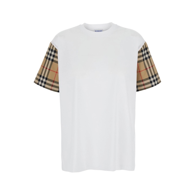 White T-Shirt with Vintage Check Motif on the Sleeves in Cotton Woman