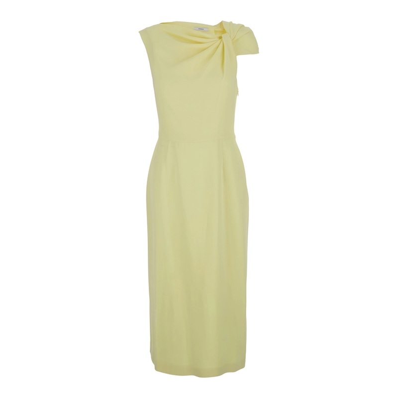 Yellow Midi Dress with Draped Detail and Rear Single Slit in Viscose Blend Stretch Woman
