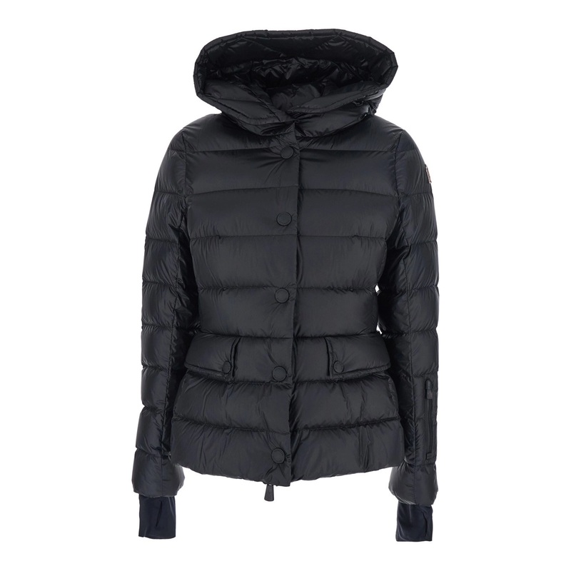 ‘Armonique’ Black Down Jacket with Fixed Hood and Logo Patch on the Sleeve in Tech Fabric Woman