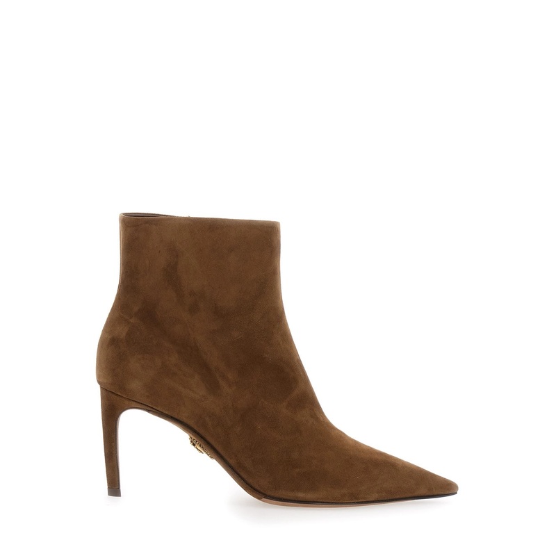 Beige Ankle Boots with Pointed Toe and Metallic Logo in Suede Woman
